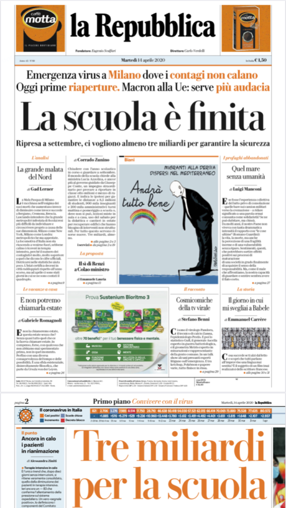 Repubblica prima pagina 14 aprile